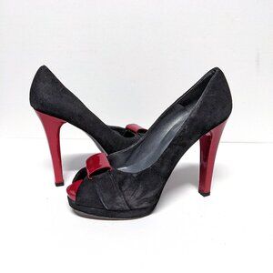 Stuart Weitzman Red and Black Suede Stiletto Peep Toe Heels Puente Size 9.5